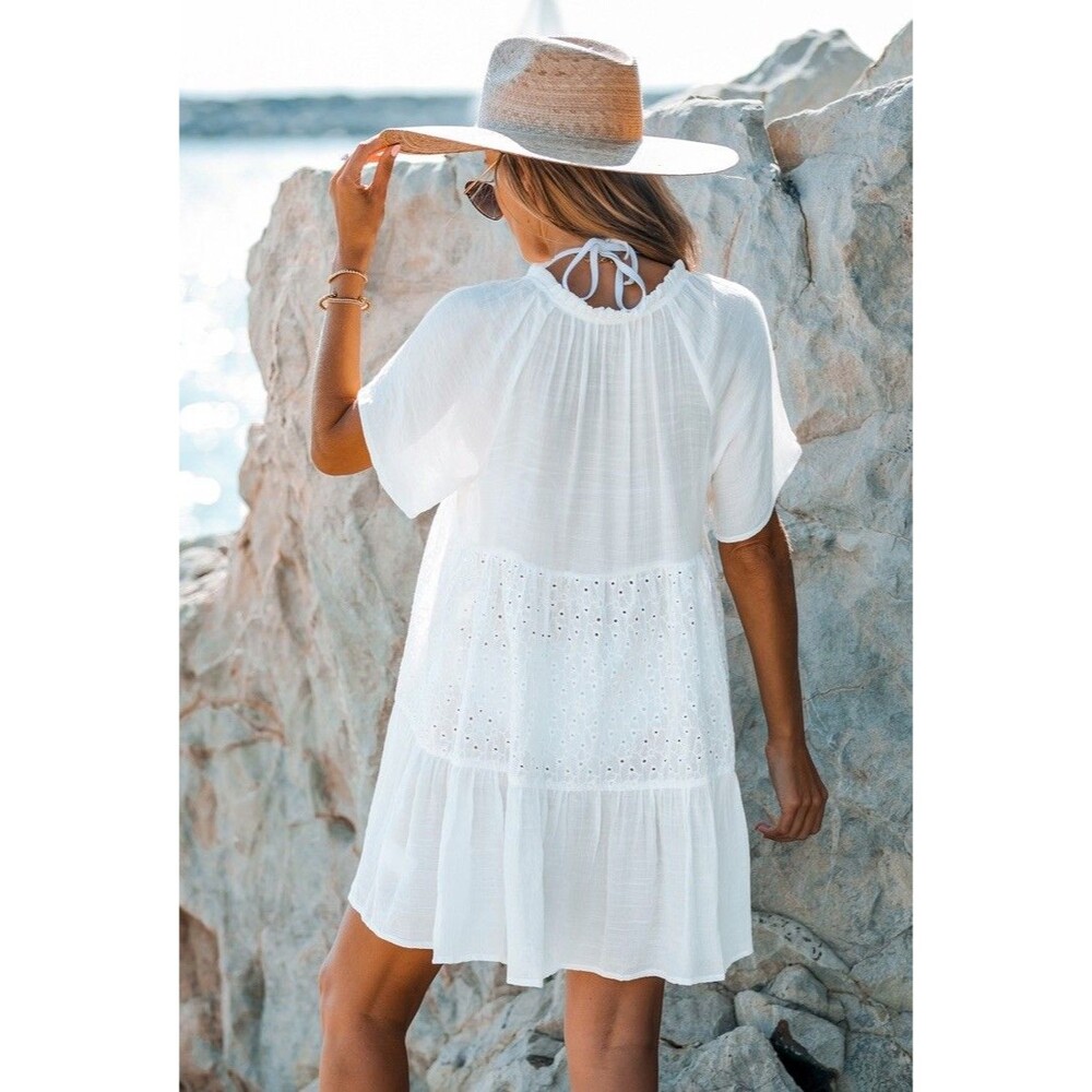 NEW CUPSHE Floral Eyelet Tie Neck Babydoll Dress White Bathing Suit Cover Small - Picture 5 of 11